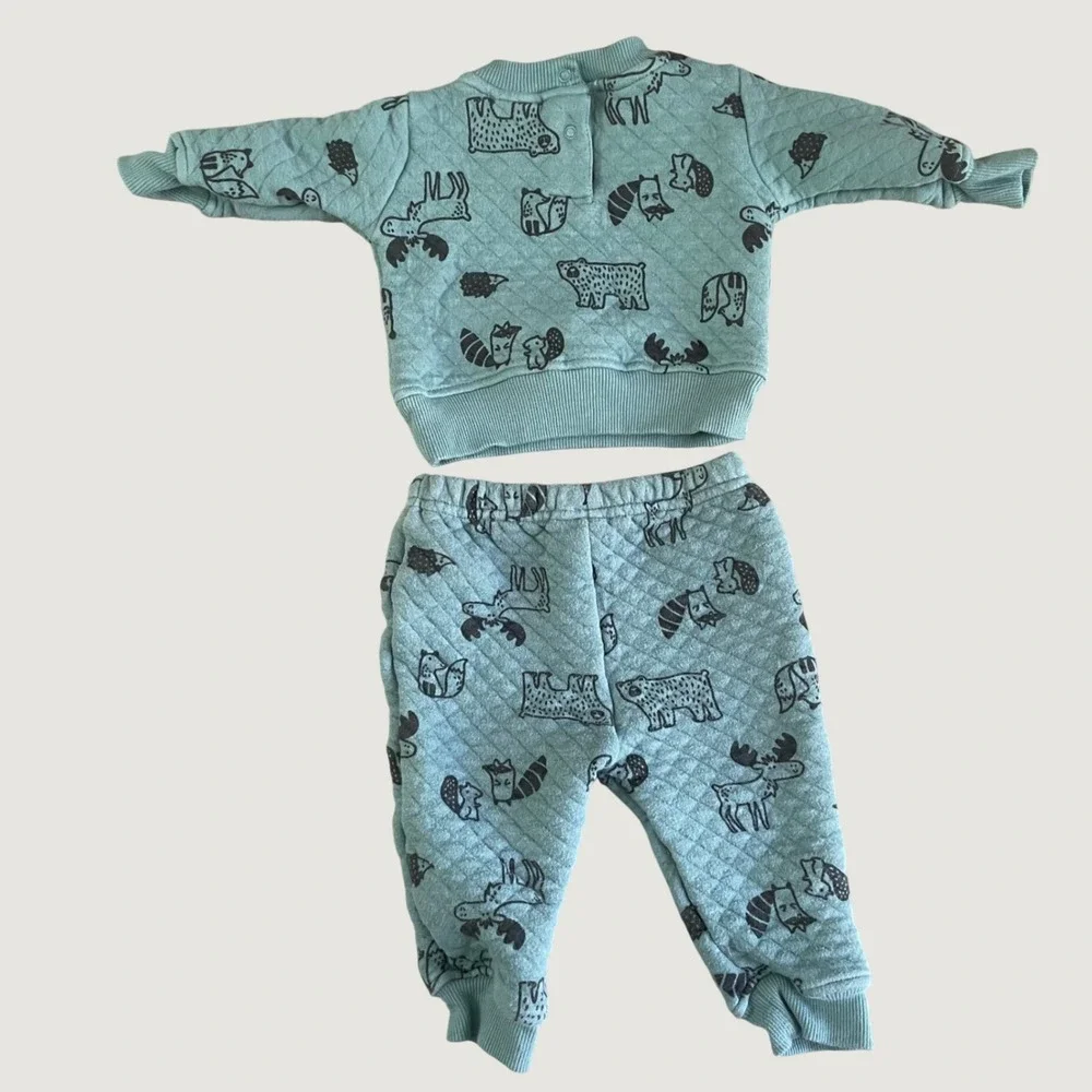 Koala Kids Baby 3M‎ Quilted Matching Set Forest Animals Sage Green Pants Sweater
